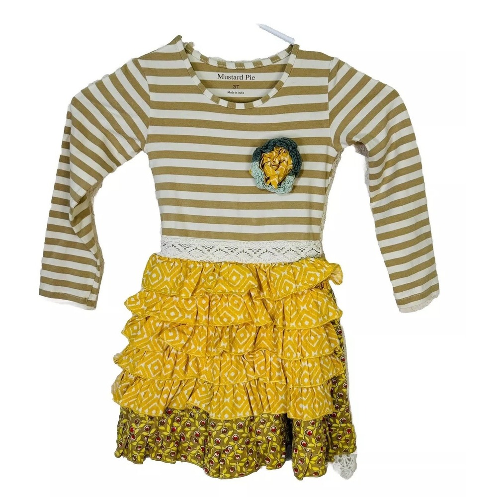 Mustard‎ Pie Girl's Mixed Print and Lace Long-sleeve Apron Dress - size 3T